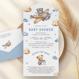 Invitation Tout En Un Vintage Blue Brown avion Teddy Bear Baby shower