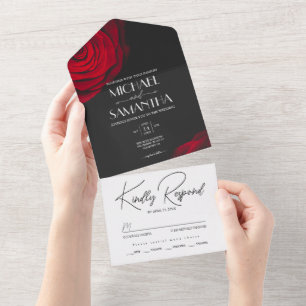 Invitation Tout En Un Vintage écarlate rouge rose pétale mariage
