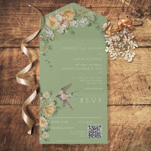 Invitation Tout En Un Vintage Floral & Bird Sage Green QR Code