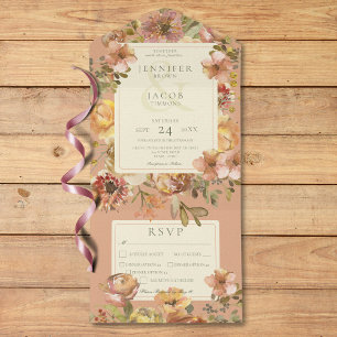 Invitation Tout En Un Vintage Floral Rose & Rouille Trois Dîners