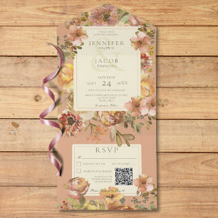 Invitation Tout En Un Vintage flou rose et rouille Code QR