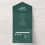 Invitation Tout En Un Vintage Grange Rustique Emerald Farm Wedding RSVP<br><div class="desc">Illustration de grange et texte blanc sur arrière - plan émeraude. RSVP au fond avec bordure florale.</div>