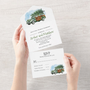 Invitation Tout En Un Vintage Green Car Tree Mariage de Noël Tout