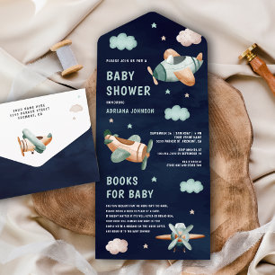 Invitation Tout En Un Vintage Green Cute Avions Marine Baby shower bleu