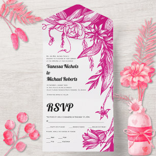 Invitation Tout En Un Vintage magenta rose ligne d'art fleurs mariage