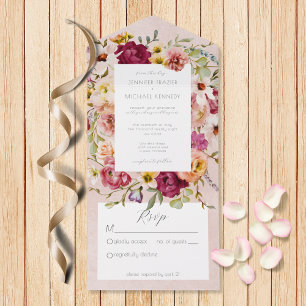 Invitation Tout En Un Vintage rose et jaune Floral sur rose Pas de dîner