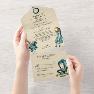 Invitation Tout En Un Vintage Turquoise Gold Alice dans le Mariage Wonde