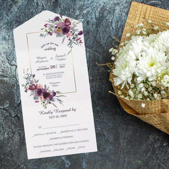 Invitation Tout En Un Violet bleu rose Floral Mariage de cadre or (Créateur téléchargé)