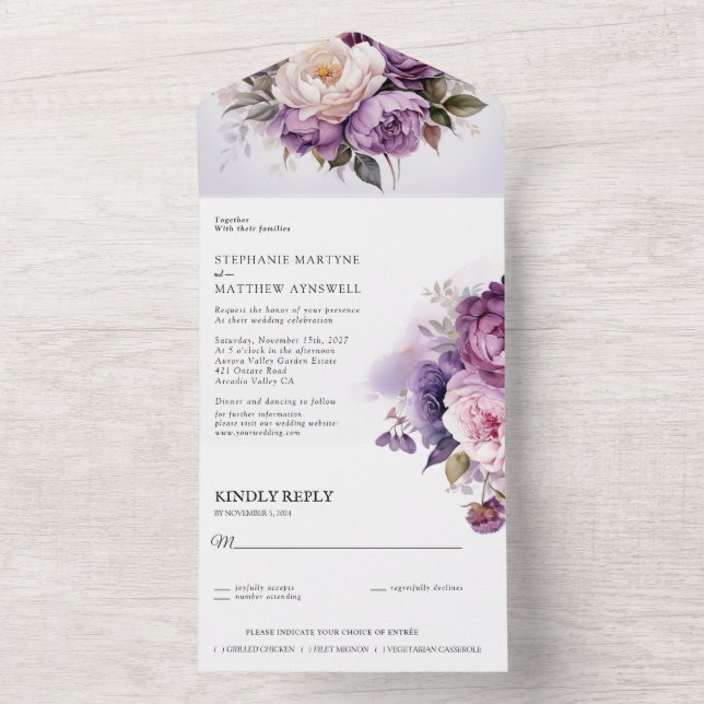 Invitation Tout En Un violet Dusty Blush rose Mariage Floral (À l'intérieur)