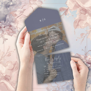 Invitation Tout En Un violet lilas monogramme photo mariage