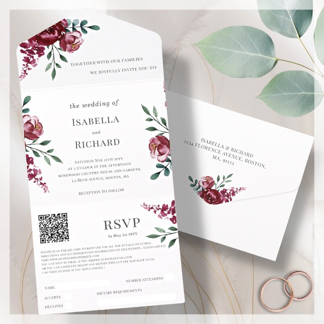 Invitation Tout En Un Violet | Marsala Rouge Floral | QR Code RSVP (Créateur téléchargé)