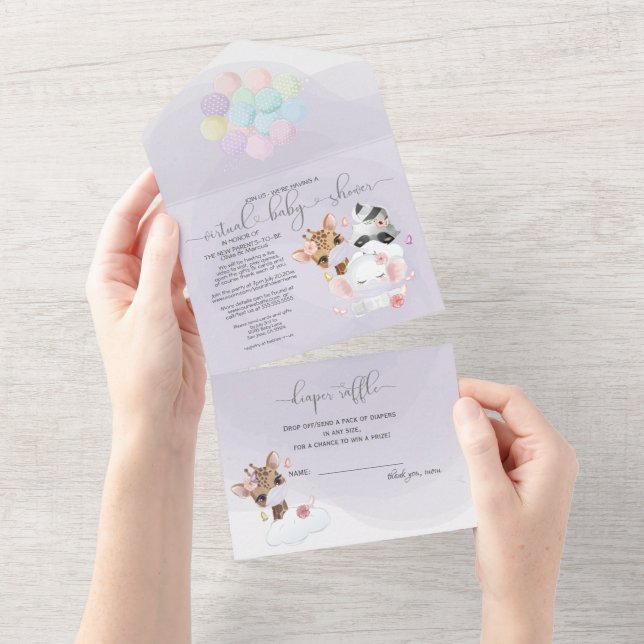 Invitation Tout En Un Violet mignon animaux dans les masques Baby shower (Déchirure)