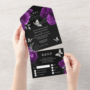 Invitation Tout En Un Violet noir argent rose élégant papillon glam