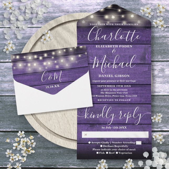 Invitation Tout En Un Violet Rustique Grange Bois Éclairage Mariage (Purple Rustic Barn Wood String Lights Wedding All In One Invitation)