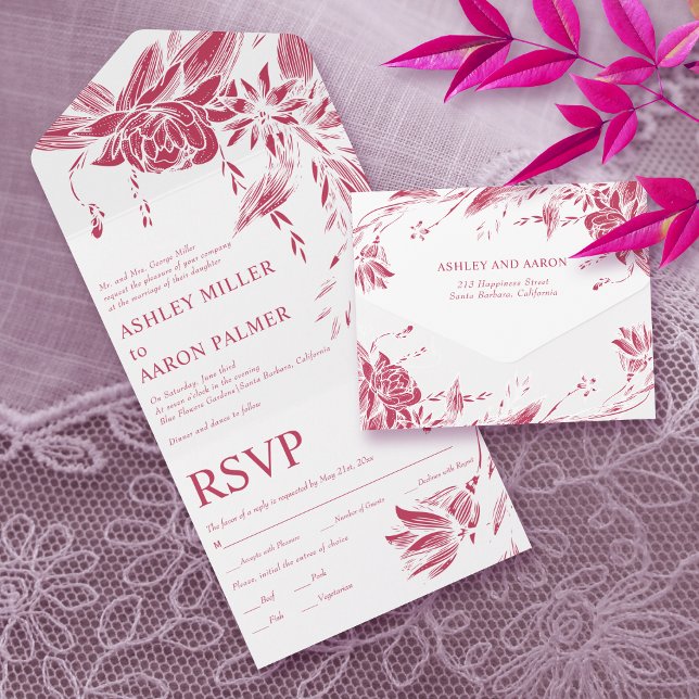 Invitation Tout En Un Viva magenta et fleurs d'art blanc mariage (Créateur téléchargé)