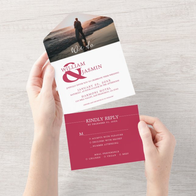 Invitation Tout En Un Viva Magenta moderne en Mariage photo blanc (Déchirure)