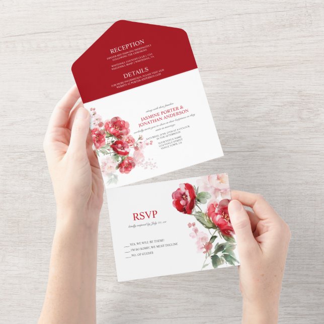 Invitation Tout En Un Vivid Red Roses Mariage (Déchirure)