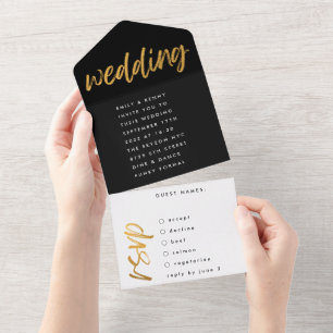 Invitation Tout En Un Voies latérales Black Gold Moderne Simple Mariage