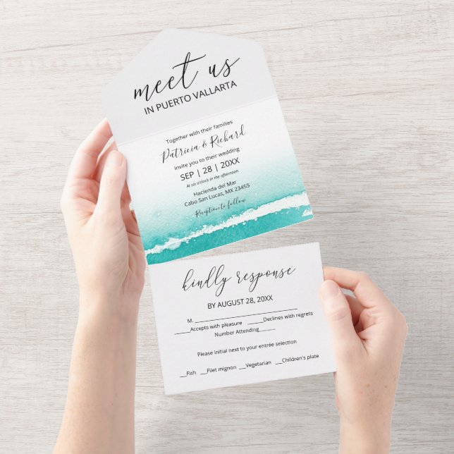 Invitation Tout En Un Watercolor Beach Caraïbes Destination Mariage (Déchirure)