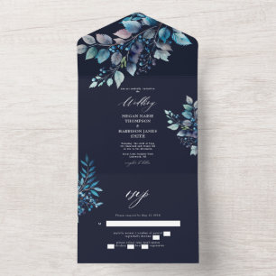 Invitation Tout En Un Watercolor Blue Branches & Berries Mariage Marine
