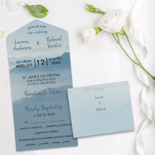 Invitation Tout En Un Watercolor Blue Mountains Minimalist Wedding