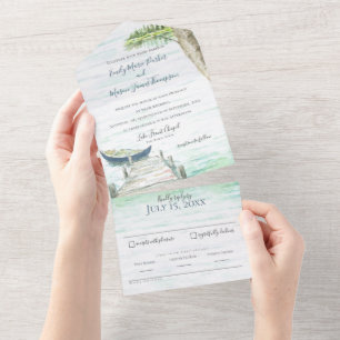 Invitation Tout En Un Watercolor Lake Blue Canoe Mariage