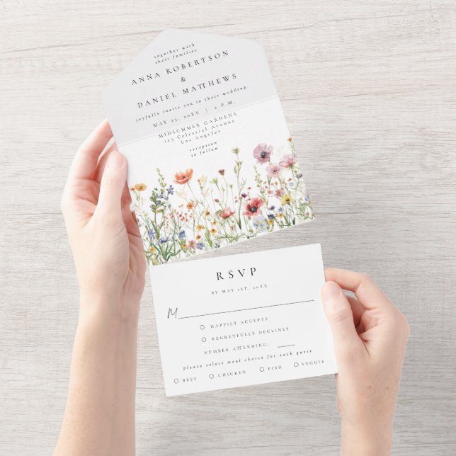 Invitation Tout En Un Watercolor Summer Wildflower Wedding (Déchirure)