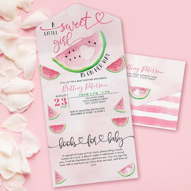 Invitation Tout En Un Watermelon Baby shower Livres roses pour bébé (Créateur téléchargé)