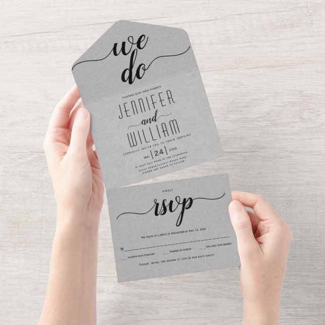 Invitation Tout En Un "We do" script calligraphie gris kraft weddin (Déchirure)