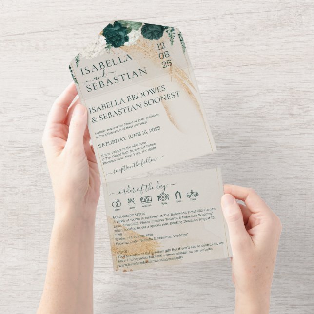 Invitation Tout En Un Wedding Cream All in save the date Emerald Green (Déchirure)