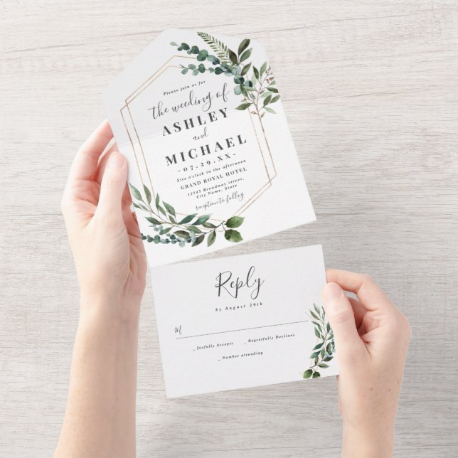 Invitation Tout En Un Wedding Rustic Geometric Green Nature Green Modern (Déchirure)