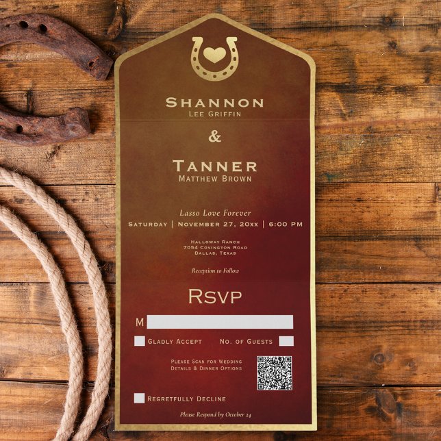 Invitation Tout En Un Western Horseshoe & Heart Burgundy & Gold QR Code (Western Horseshoe & Heart Burgundy & Gold QR Code All In One Invitation)