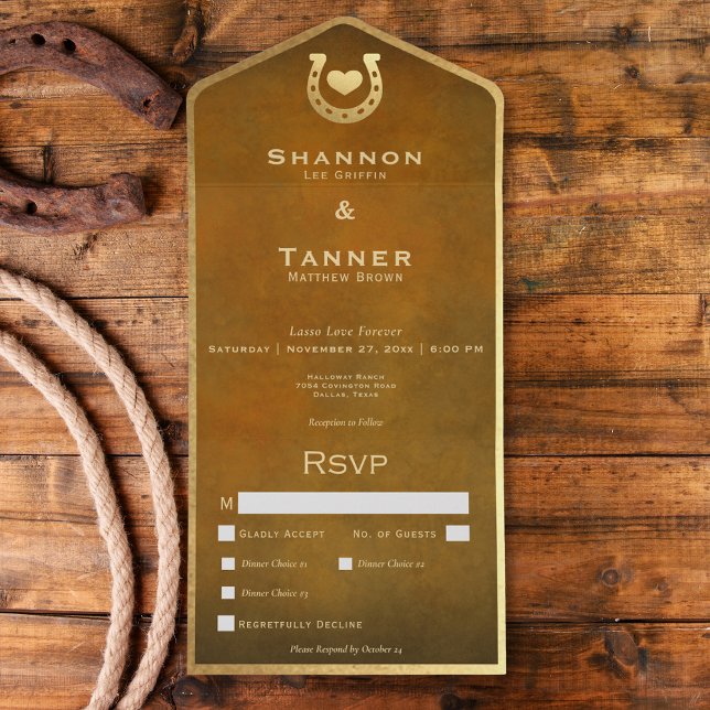 Invitation Tout En Un Western Horseshoe & Heart Dîner Brown & Gold (Western Horseshoe & Heart Brown & Gold Dinner All In One Invitation)