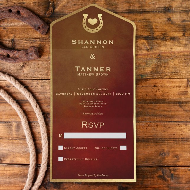 Invitation Tout En Un Western Horseshot Heart Bourgogne & Or Pas de dîne (Western Horseshoe Heart Burgundy & Gold No Dinner All In One Invitation)