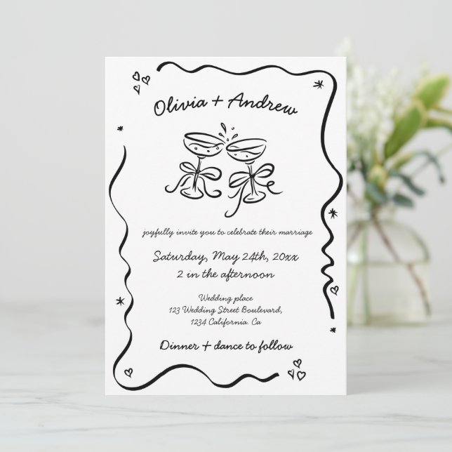 Invitation Tout en un Whimsical Funky Main tiré Mariage (Debout devant)