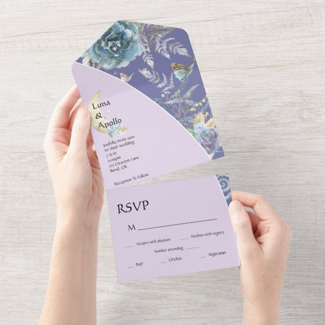 Invitation Tout En Un Whimsical Moon violet Mariage (Déchirure)
