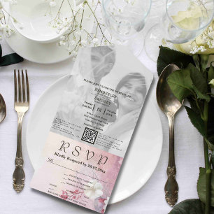 Invitation Tout En Un White Cherry Blossom Mauve Photo QR Code Site Web