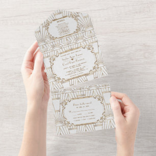 Invitation Tout En Un White Gold Great Gatsby Art Déco Mariage