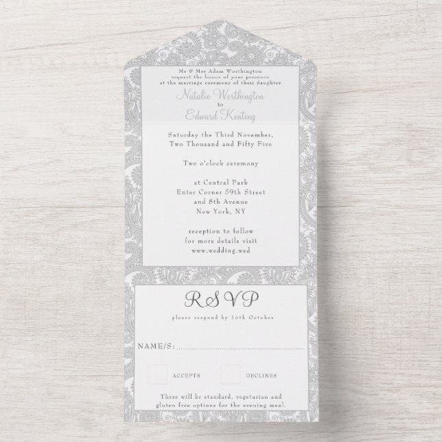 Invitation Tout En Un White Lace Filigree Paisley Henna Wedding RSVP (À l'intérieur)