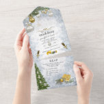 Invitation Tout En Un White Winter Celebration All in One Wedding Invita<br><div class="desc">Des décorations d'or et d'argent pétillantes entourées d'un feuillage festif vert sauge avec de la neige fraîchement tombée dans un décor merveilleux pour l'hiver pour le couple mariage.</div>