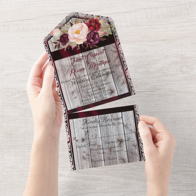 Invitation Tout En Un Wildflowers with Burgundy Ribbon, Lace & Lights (Déchirure)