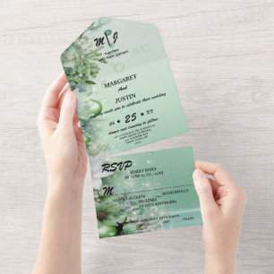 Invitation Tout En Un Winter Green Water Drops Mariage Vintage
