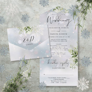 Invitation Tout En Un Winter Neige vert Détails Floral RSVP Mariage