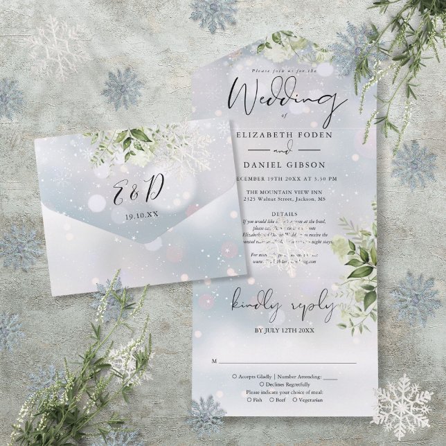 Invitation Tout En Un Winter Neige vert Détails Floral RSVP Mariage (Winter Snow Greenery Floral Details RSVP Wedding All In One Invitation)