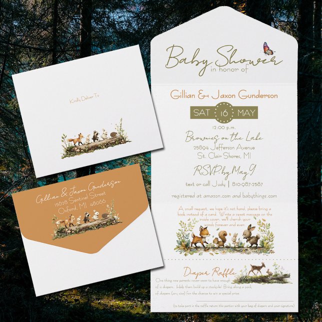 Invitation Tout En Un Woodland Animals Baby Shower  (All-in-one baby shower invitation with whimsical woodland animals from Night and Day Designs)