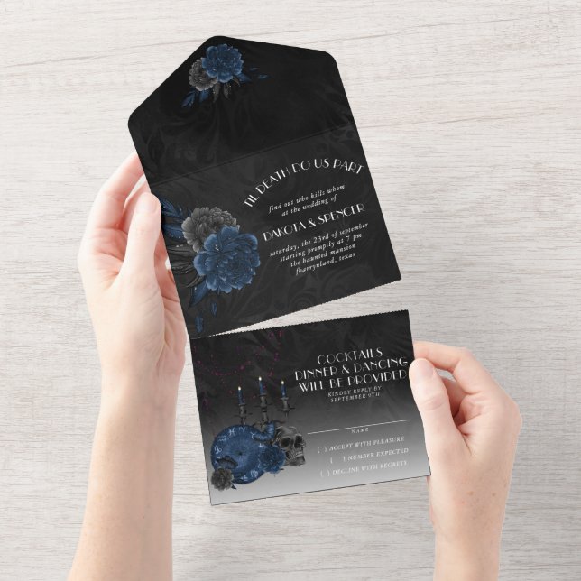 Invitation Tout En Un Zodiaque magic | Dark Navy Blue Gothic Skull (Déchirure)