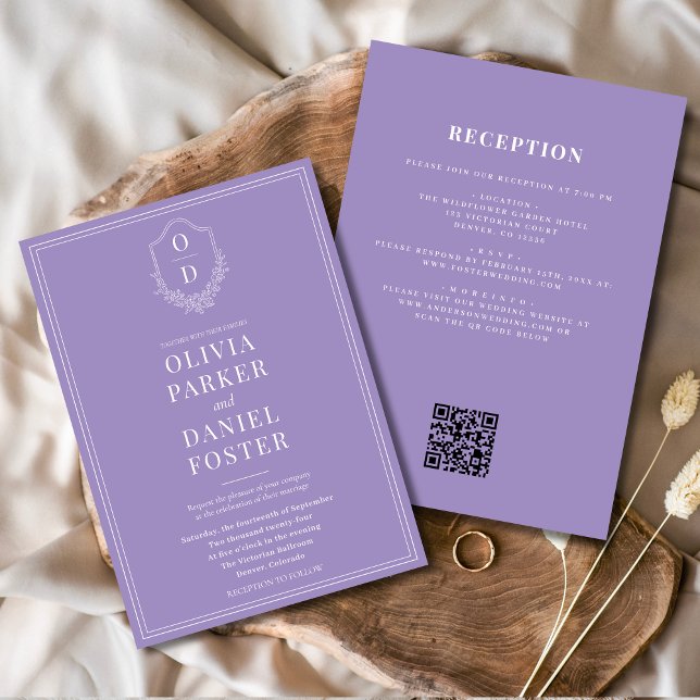 Invitation Tout en une Crest Lilac Purple QR Code Mariage (Créateur téléchargé)
