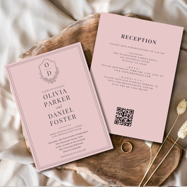 Invitation Tout en une crête Blush Pink QR Code Mariage (Créateur téléchargé)