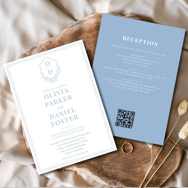 Invitation Tout en une crête Dusty Blue QR Code Mariage (Créateur téléchargé)