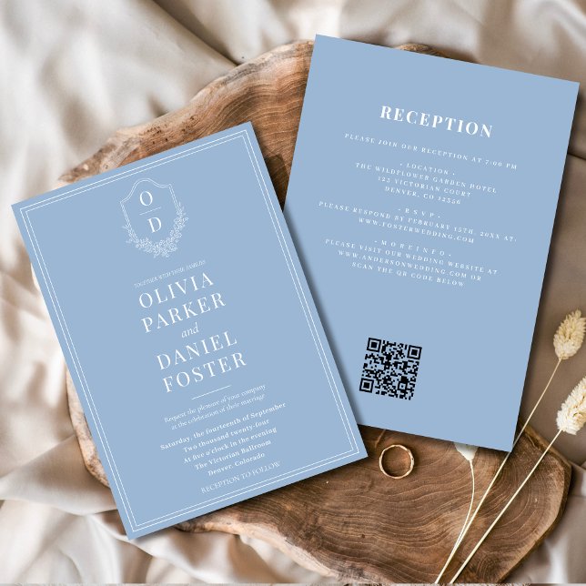 Invitation Tout en une crête Dusty Blue QR Code Mariage (Créateur téléchargé)